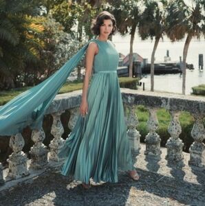 NWT Sage Green Sleeveless High Neck Open Back Cape Back Heat Pleated Gown